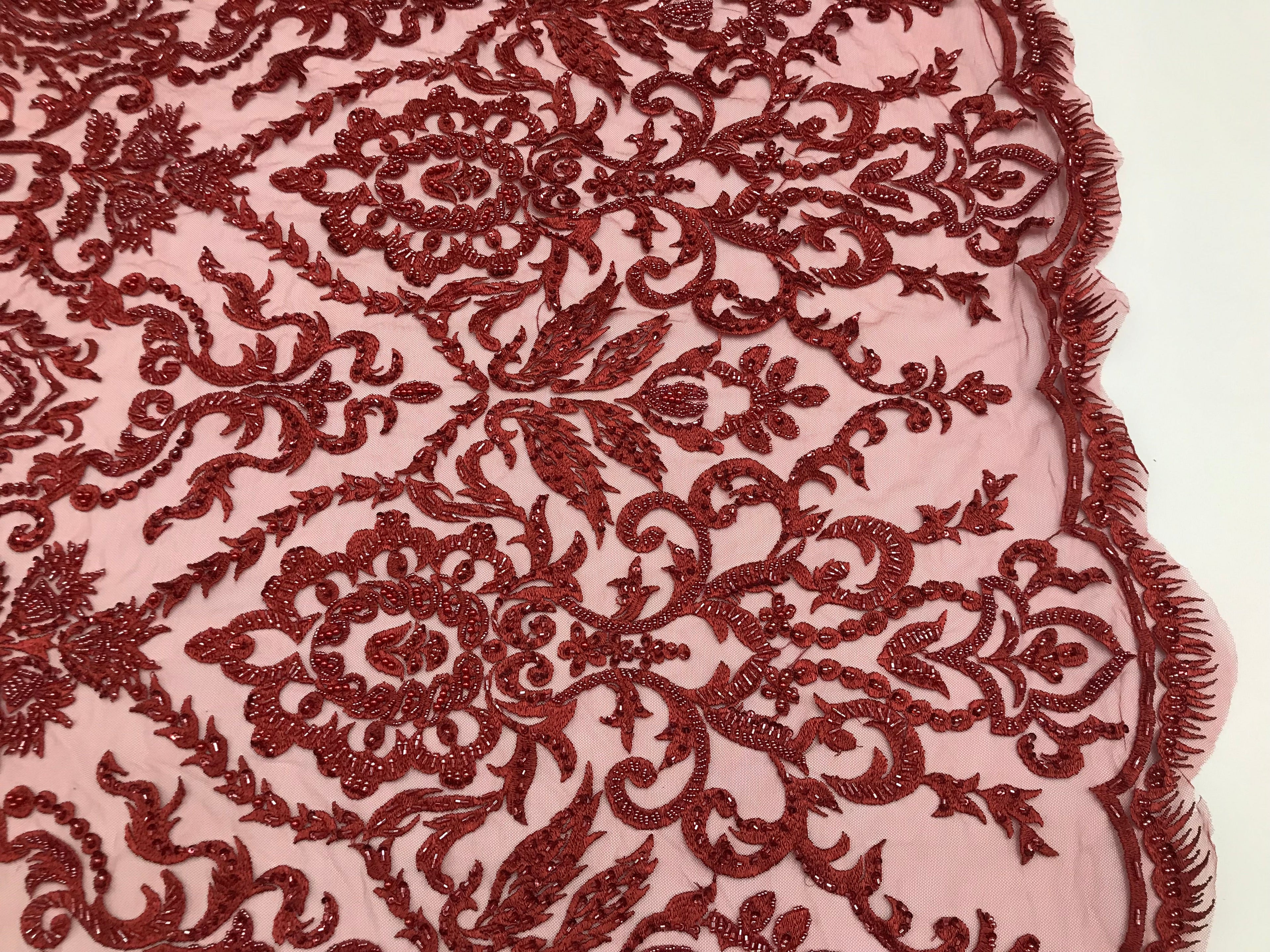 Burgundy Beaded Fabric 3D Damask Design Embroidered 3D Pattern Design Fabric on Mesh By The Yard