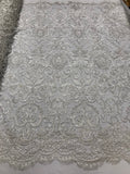 White Beaded Fabric 3D Damask Design Embroidered 3D Pattern Design Fabric on Mesh Sold By The Yard