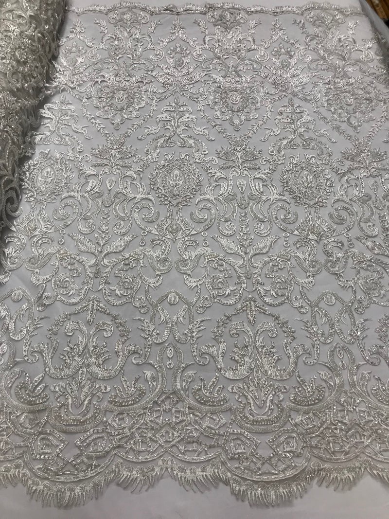 Bridal Lace Hand Beaded Embroidered Floral Fabric - by the yard - Wedding Beaded Fabric
