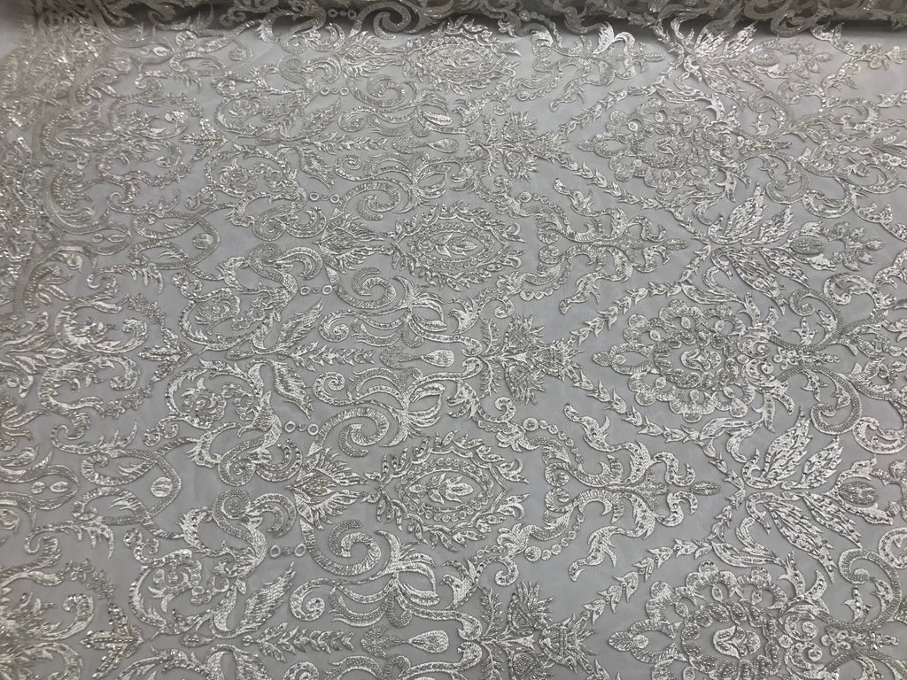 White Beaded Fabric 3D Damask Design Embroidered 3D Pattern Design Fabric on Mesh Sold By The Yard