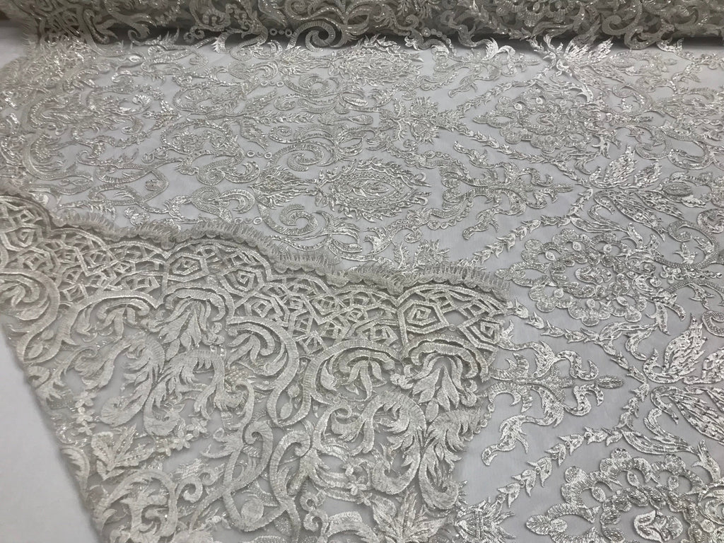 White Beaded Fabric 3D Damask Design Embroidered 3D Pattern Design Fabric on Mesh Sold By The Yard