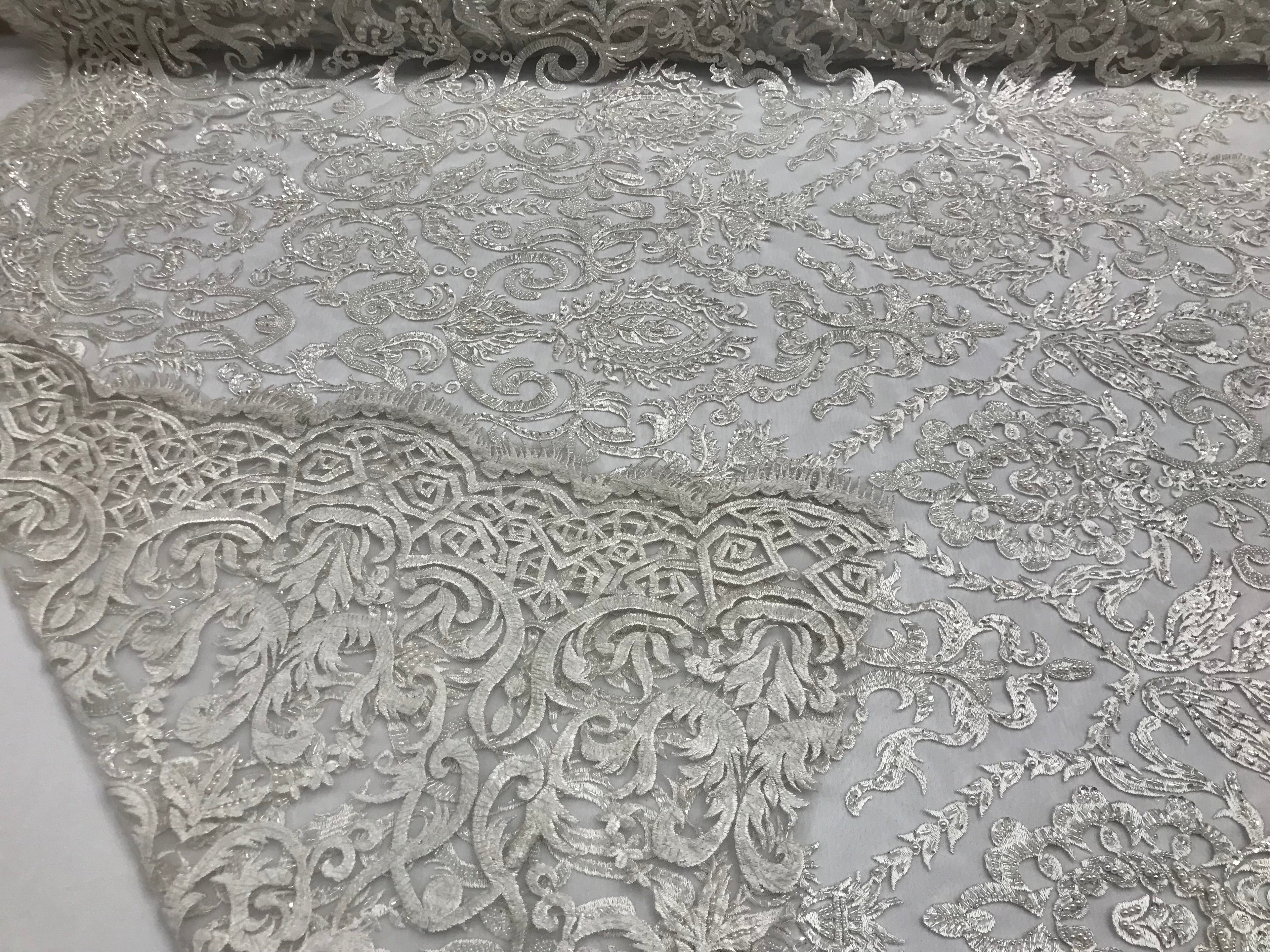 White Beaded Fabric 3D Damask Design Embroidered 3D Pattern Design Fabric on Mesh Sold By The Yard