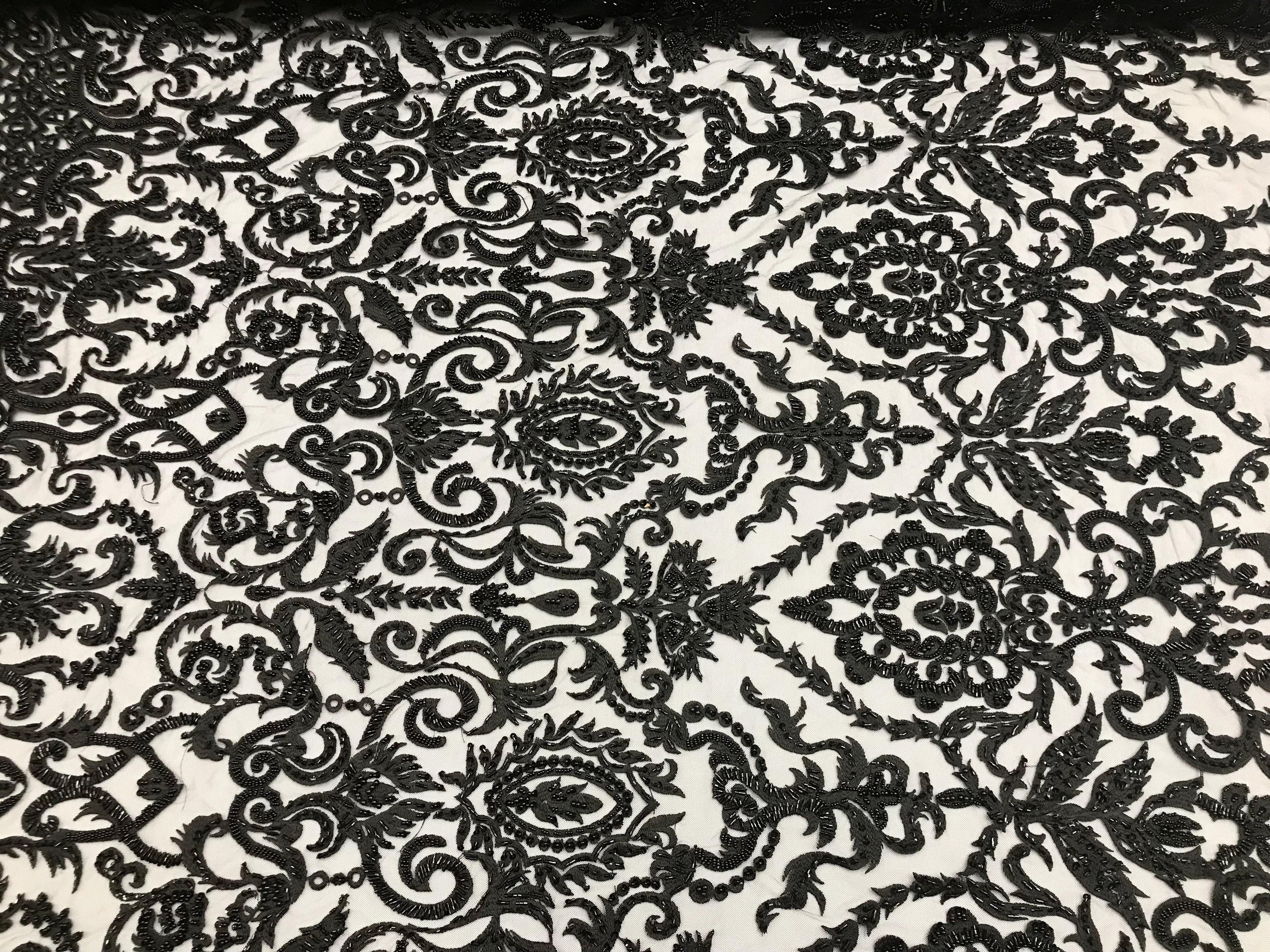 Black Beaded Fabric 3D Damask Design Embroidered 3D Pattern Design Fabric on Mesh Sold By The Yard