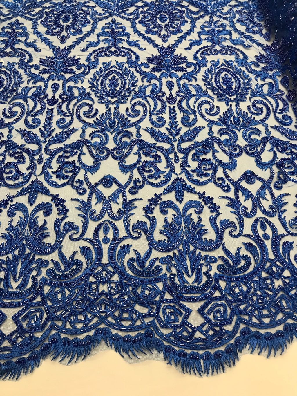Royal Blue Beaded Fabric 3D Damask Design Embroidered 3D Pattern Design Fabric on Mesh By The Yard