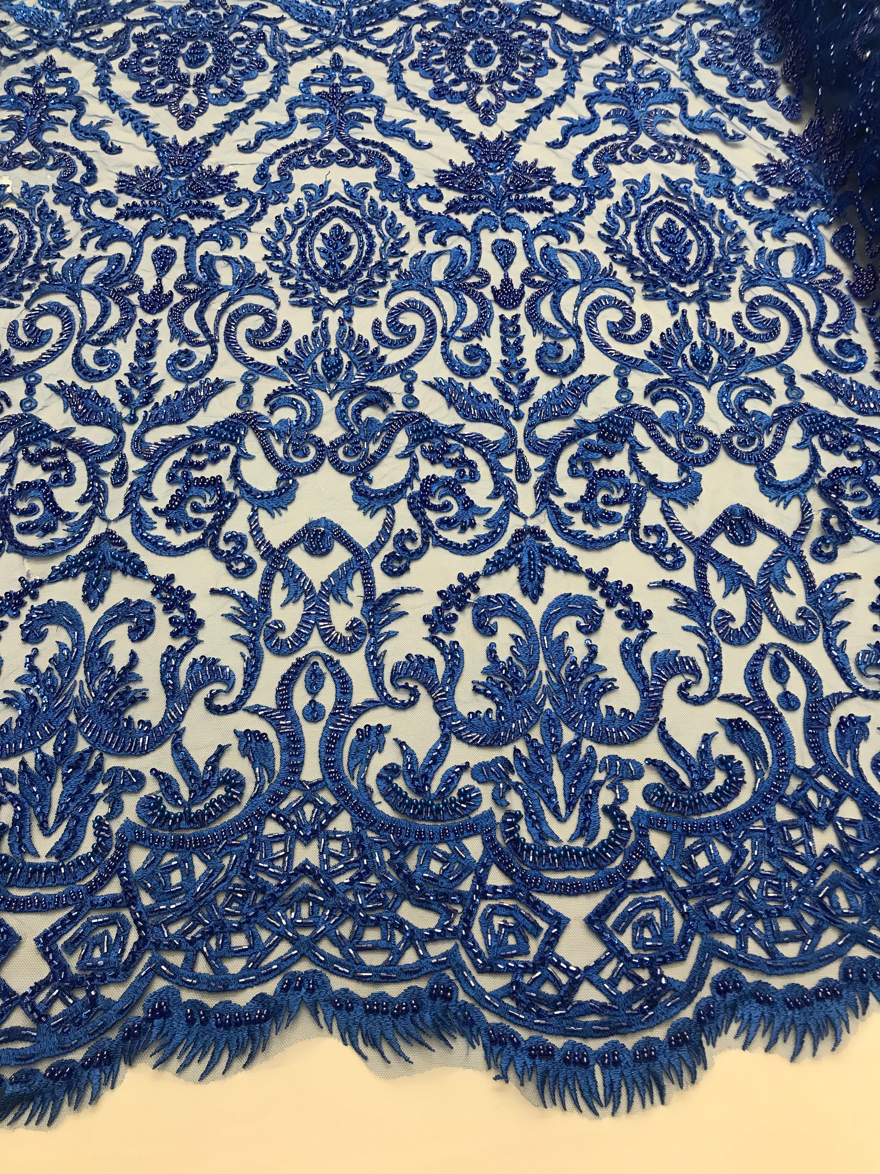 Royal Blue Beaded Fabric 3D Damask Design Embroidered 3D Pattern Design Fabric on Mesh By The Yard