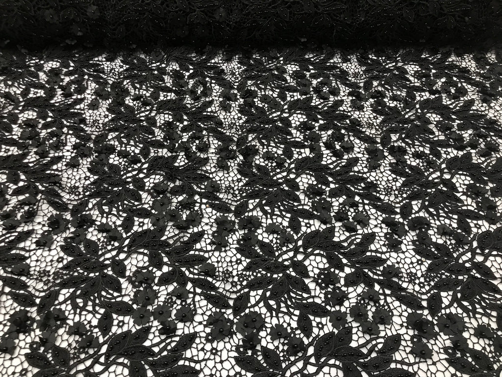 Guipure 3D Lace Fabric - Black - Embroidered 3D Flower with Bead Lace Fabric Sold By The Yard