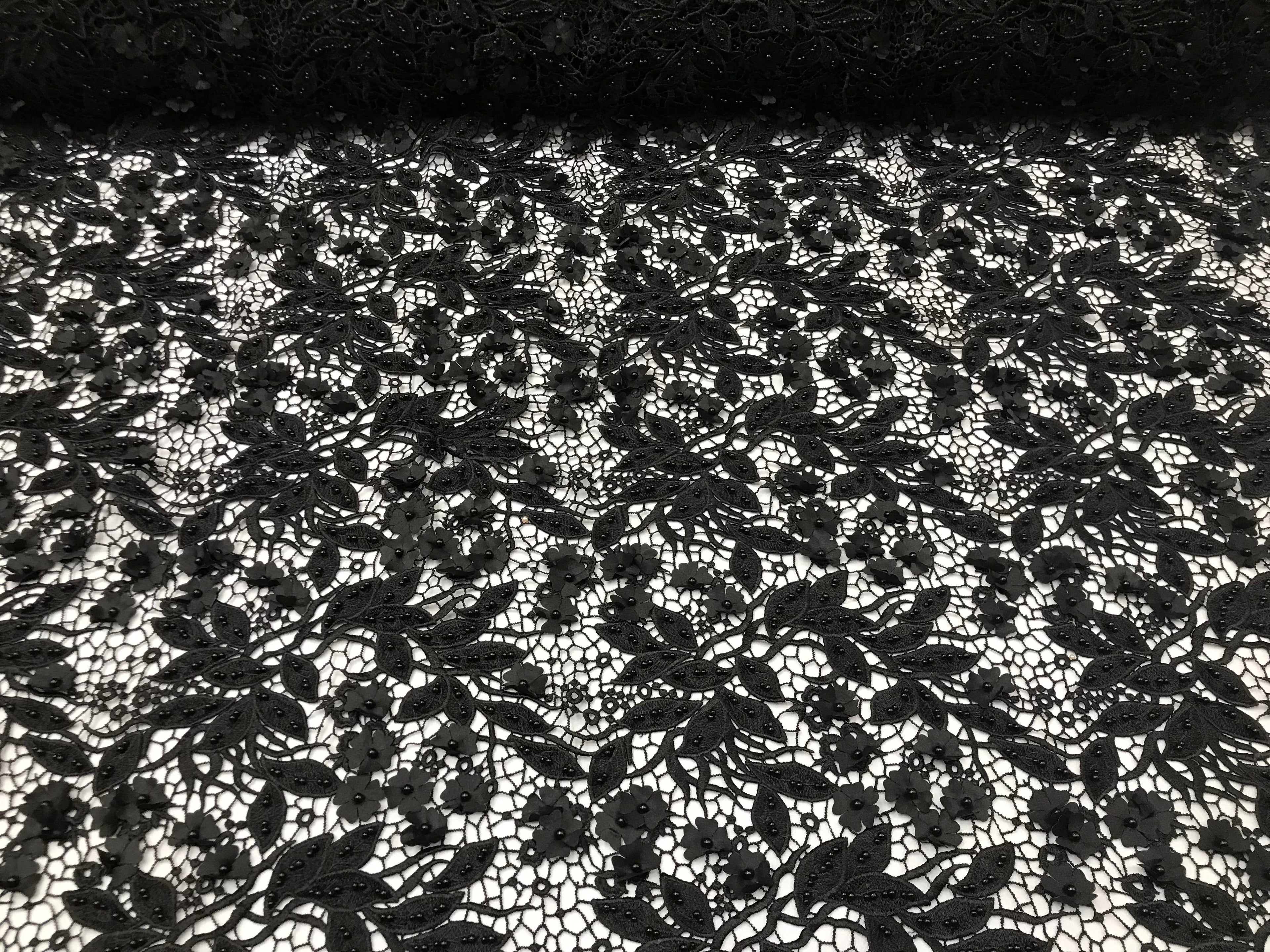Guipure 3D Lace Fabric - Black - Embroidered 3D Flower with Bead Lace Fabric Sold By The Yard