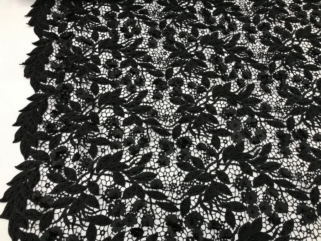 Guipure 3D Lace Fabric - Black - Embroidered 3D Flower with Bead Lace Fabric Sold By The Yard