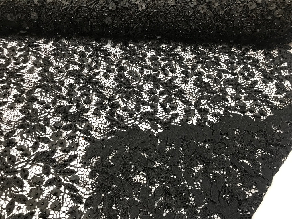 Guipure 3D Lace Fabric - Black - Embroidered 3D Flower with Bead Lace Fabric Sold By The Yard
