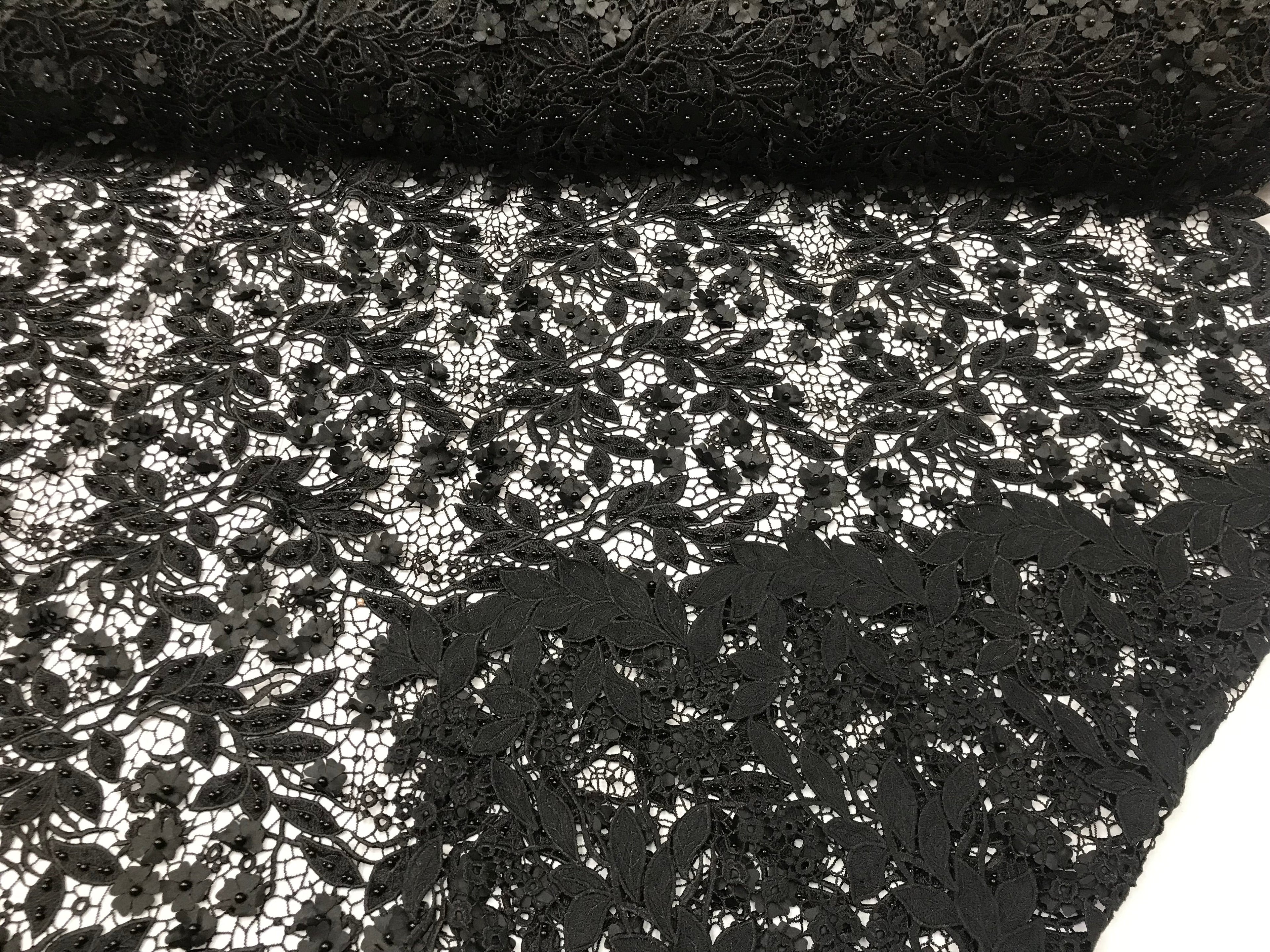Guipure 3D Lace Fabric - Black - Embroidered 3D Flower with Bead Lace Fabric Sold By The Yard