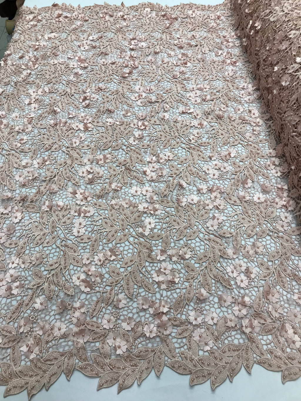 Guipure 3D Lace Fabric - Blush - Embroidered 3D Flower with Bead Lace Fabric Sold By The Yard