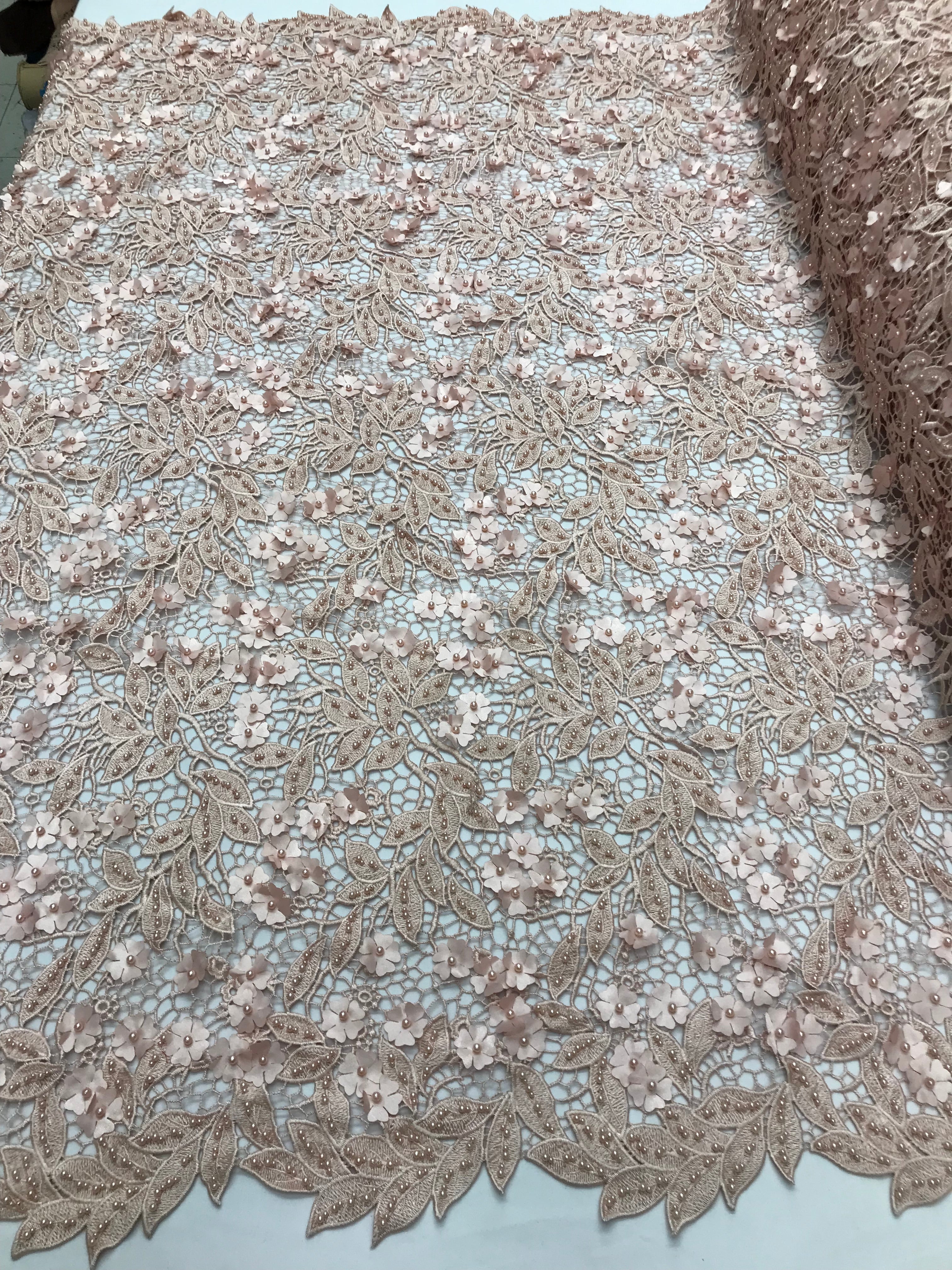 Guipure 3D Lace Fabric - Blush - Embroidered 3D Flower with Bead Lace Fabric Sold By The Yard