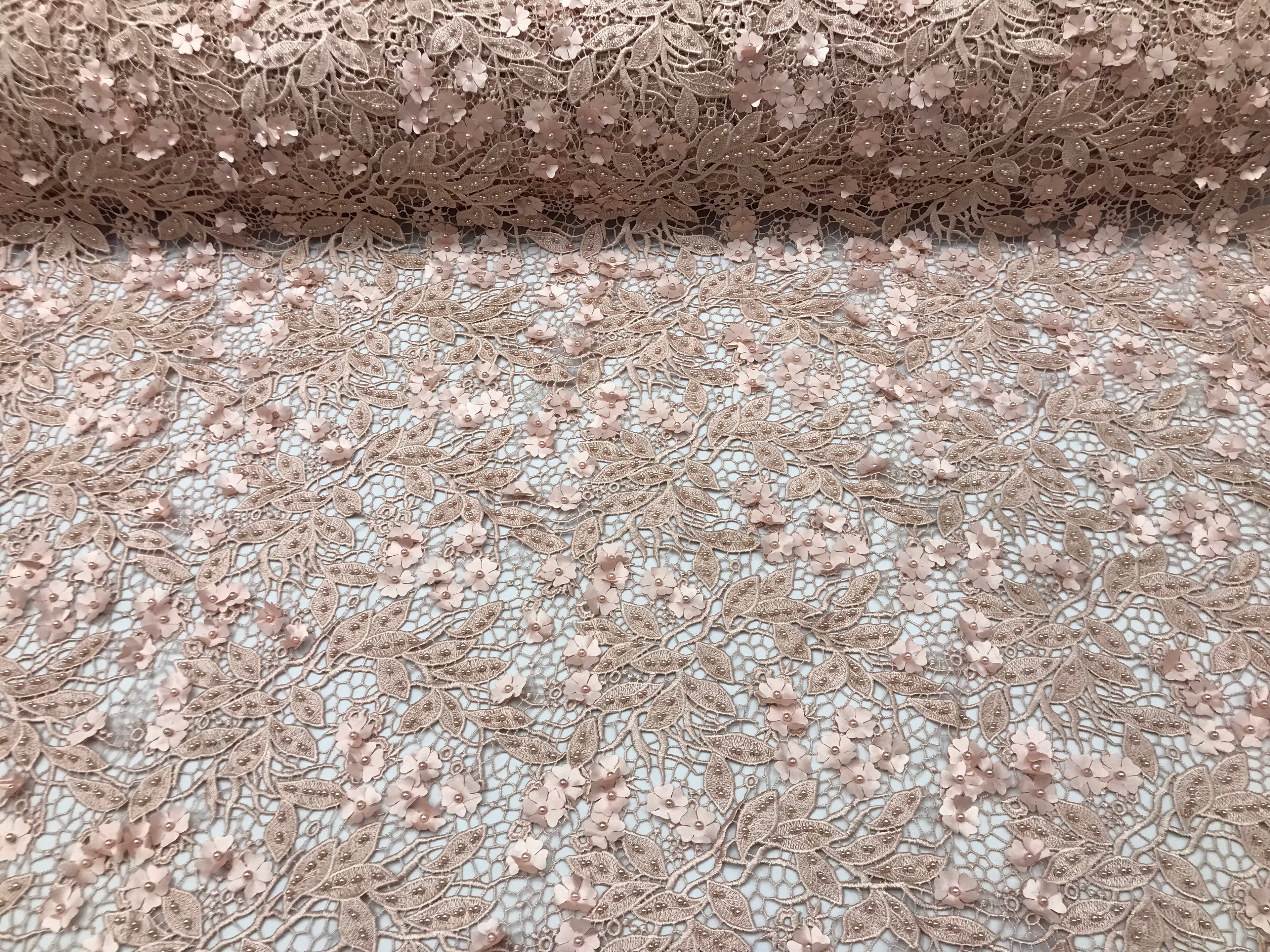 Guipure 3D Lace Fabric - Blush - Embroidered 3D Flower with Bead Lace Fabric Sold By The Yard