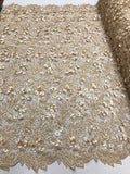 Guipure 3D Lace Fabric - Light Gold - Embroidered 3D Flower with Bead Lace Fabric Sold By The Yard