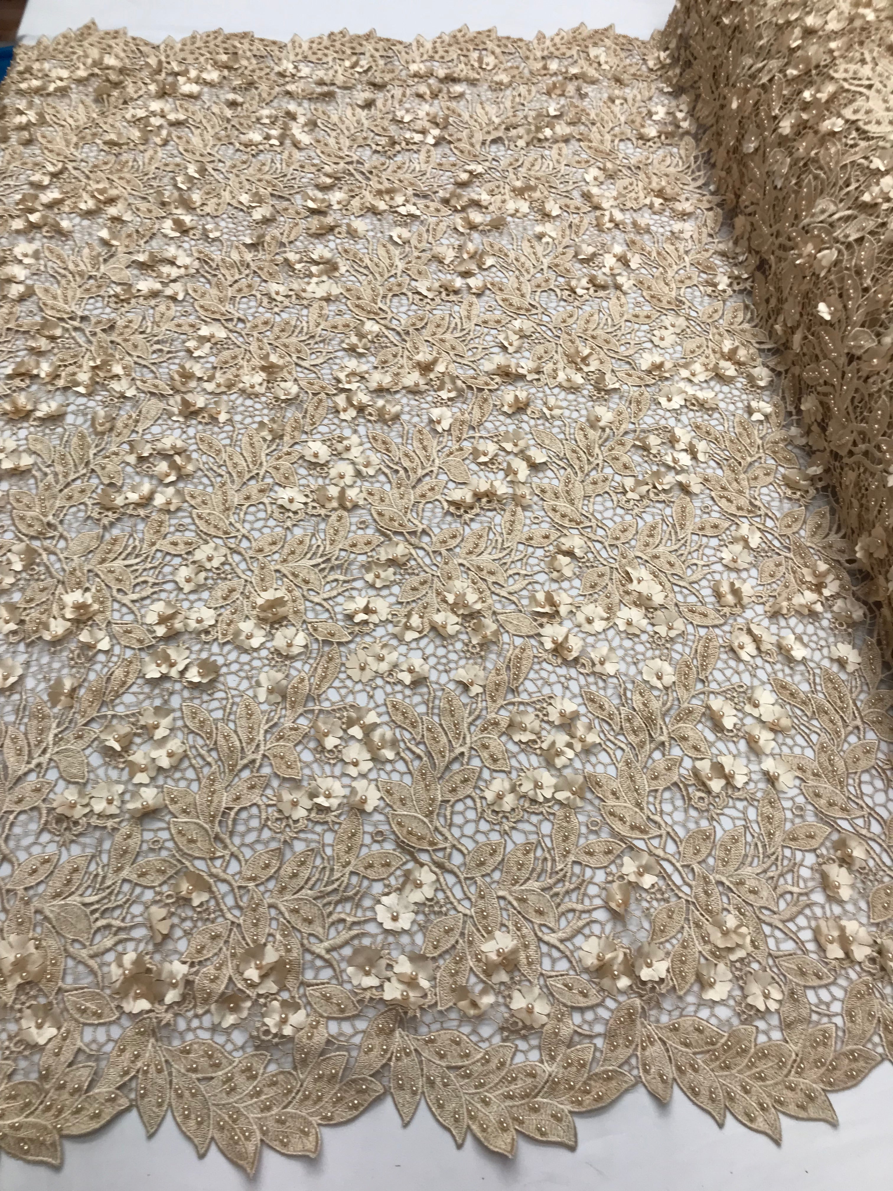 Guipure 3D Lace Fabric - Light Gold - Embroidered 3D Flower with Bead Lace Fabric Sold By The Yard