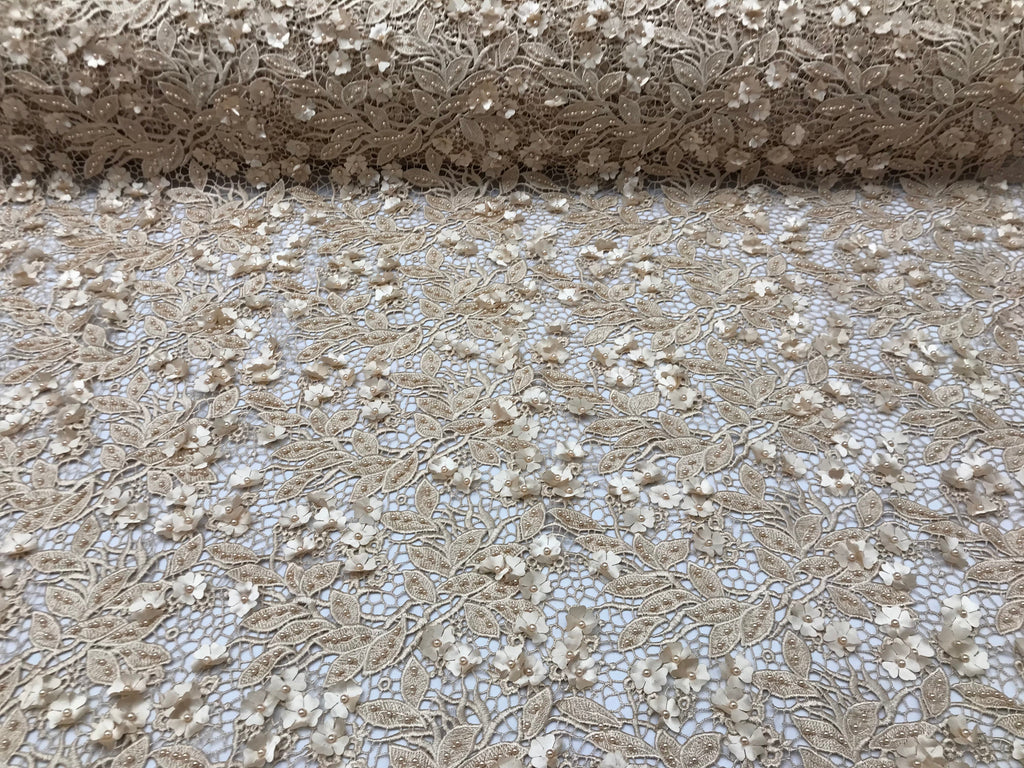Guipure 3D Lace Fabric - Light Gold - Embroidered 3D Flower with Bead Lace Fabric Sold By The Yard