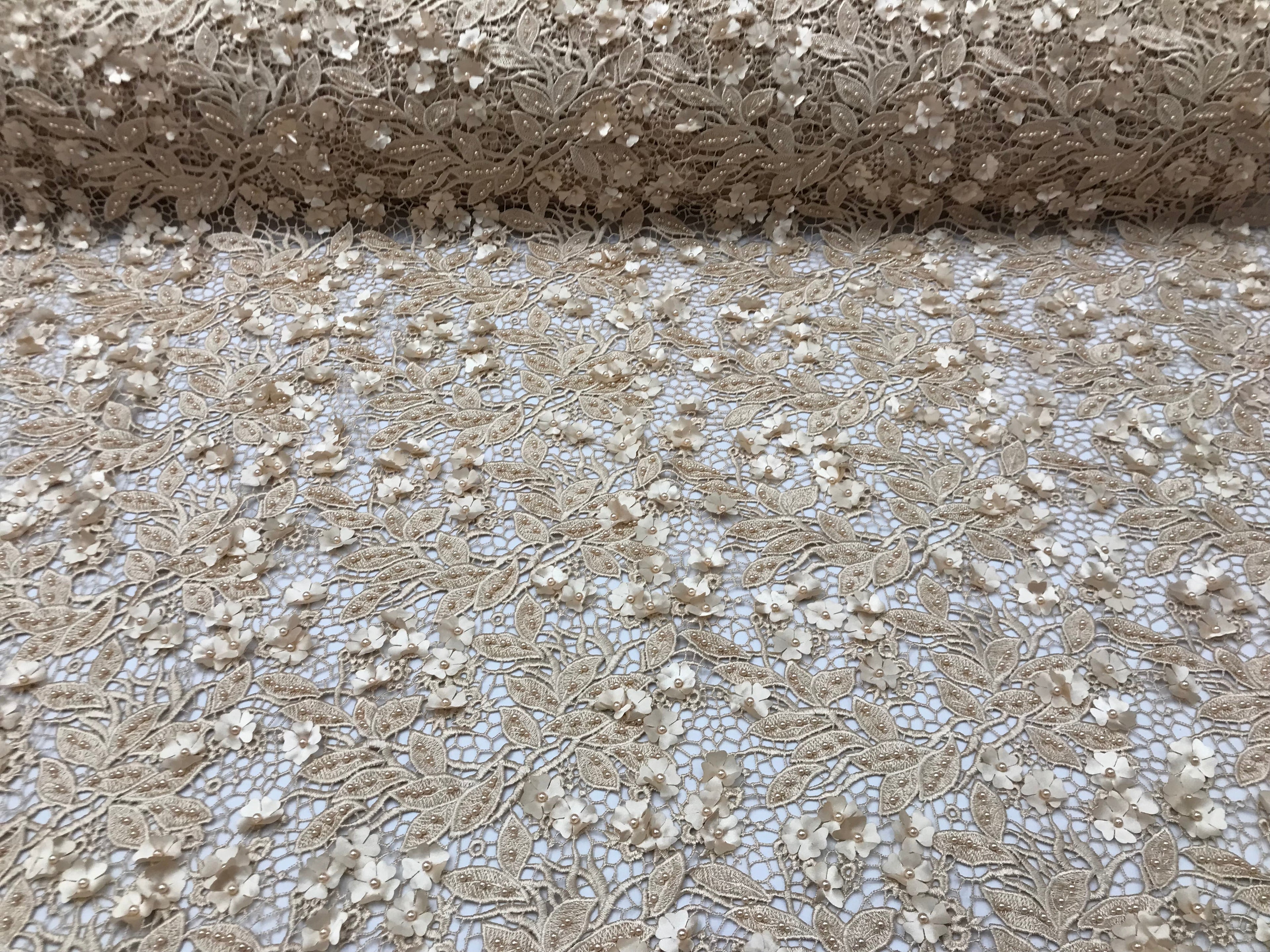 Guipure 3D Lace Fabric - Light Gold - Embroidered 3D Flower with Bead Lace Fabric Sold By The Yard