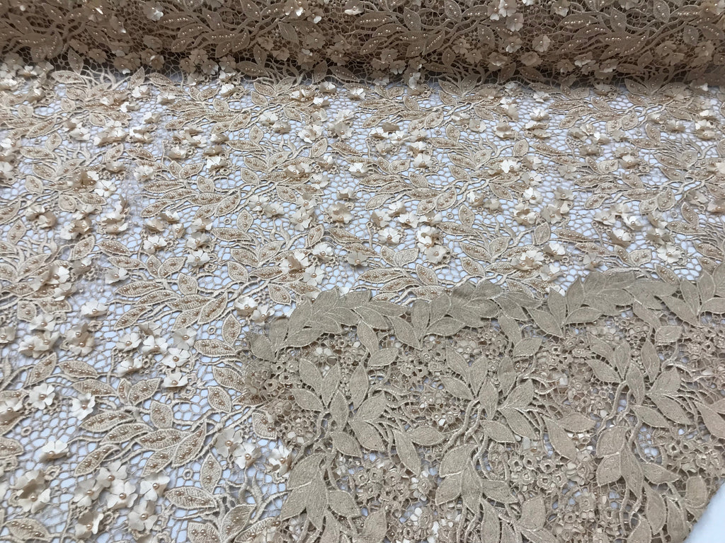 Guipure 3D Lace Fabric - Light Gold - Embroidered 3D Flower with Bead Lace Fabric Sold By The Yard