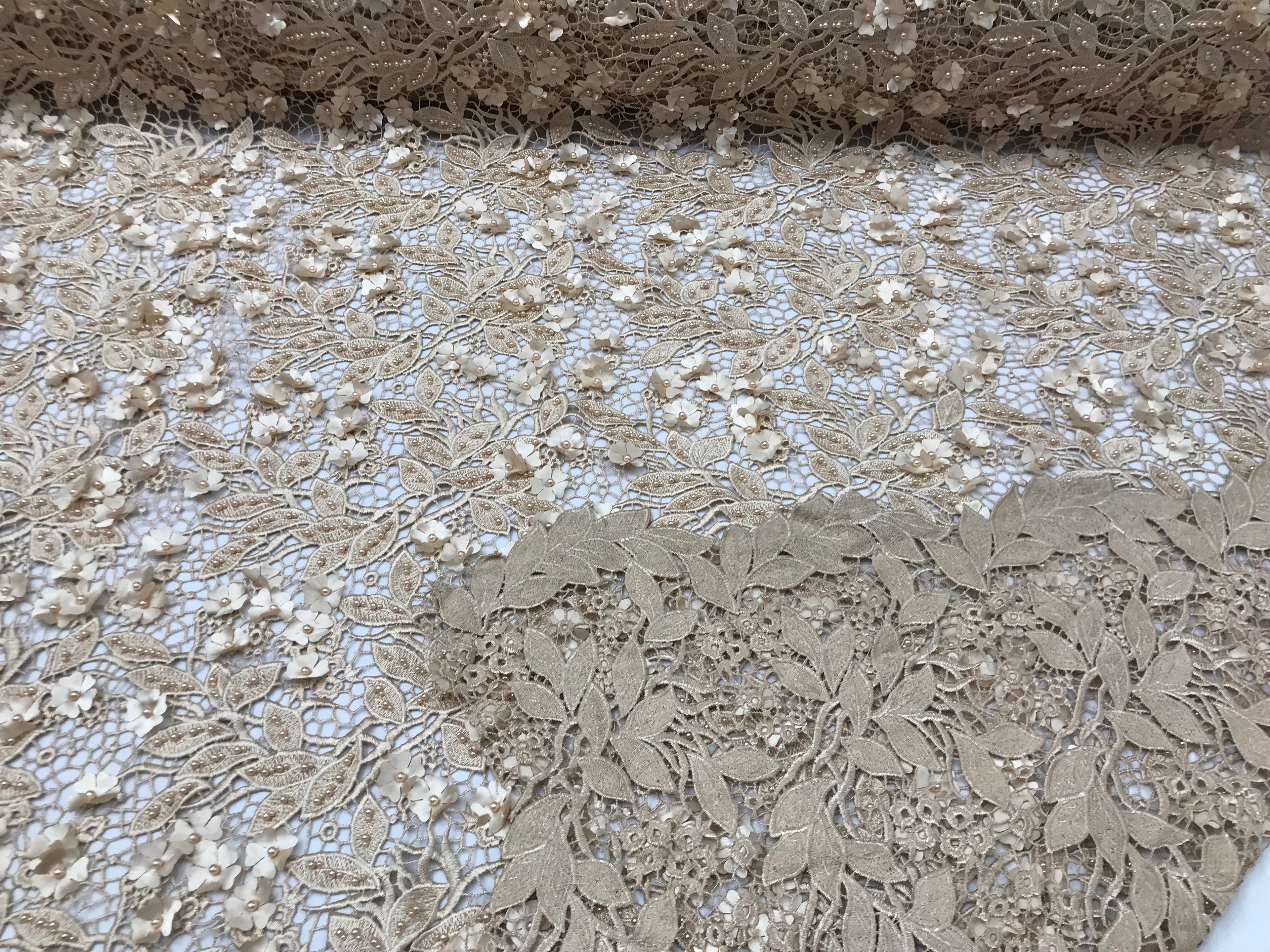 Guipure 3D Lace Fabric - Light Gold - Embroidered 3D Flower with Bead Lace Fabric Sold By The Yard