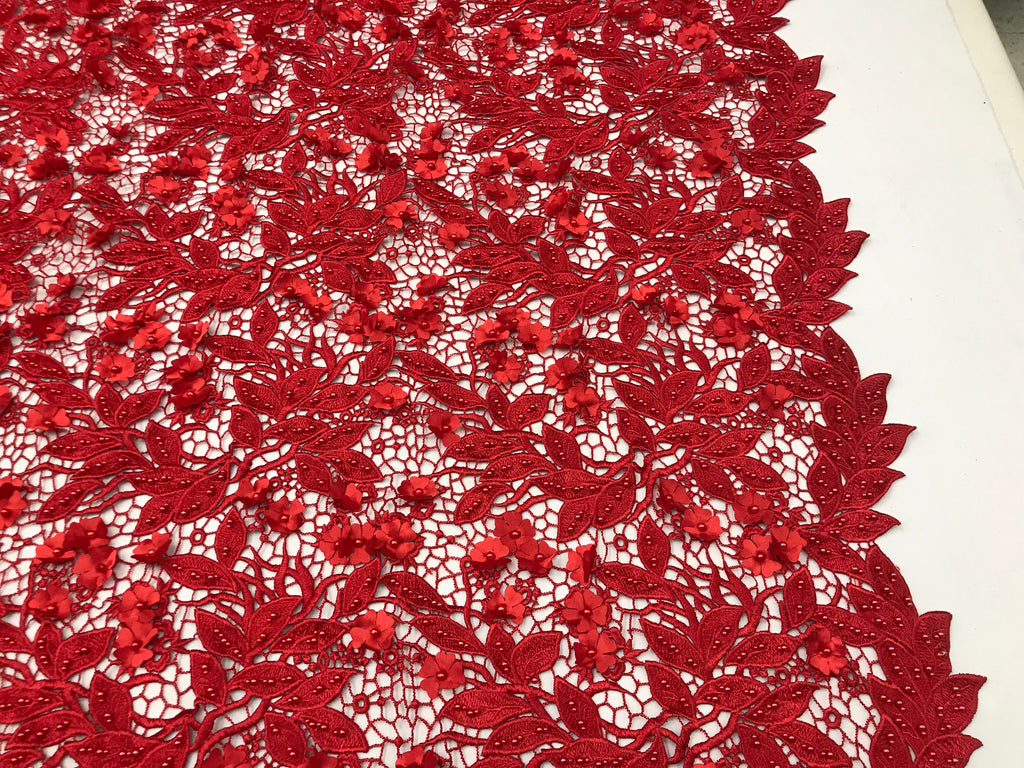 Guipure 3D Lace Fabric - Red - Embroidered 3D Flower with Bead Lace Fabric Sold By The Yard