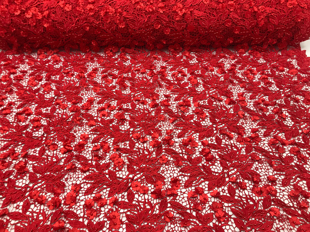 Guipure 3D Lace Fabric - Red - Embroidered 3D Flower with Bead Lace Fabric Sold By The Yard