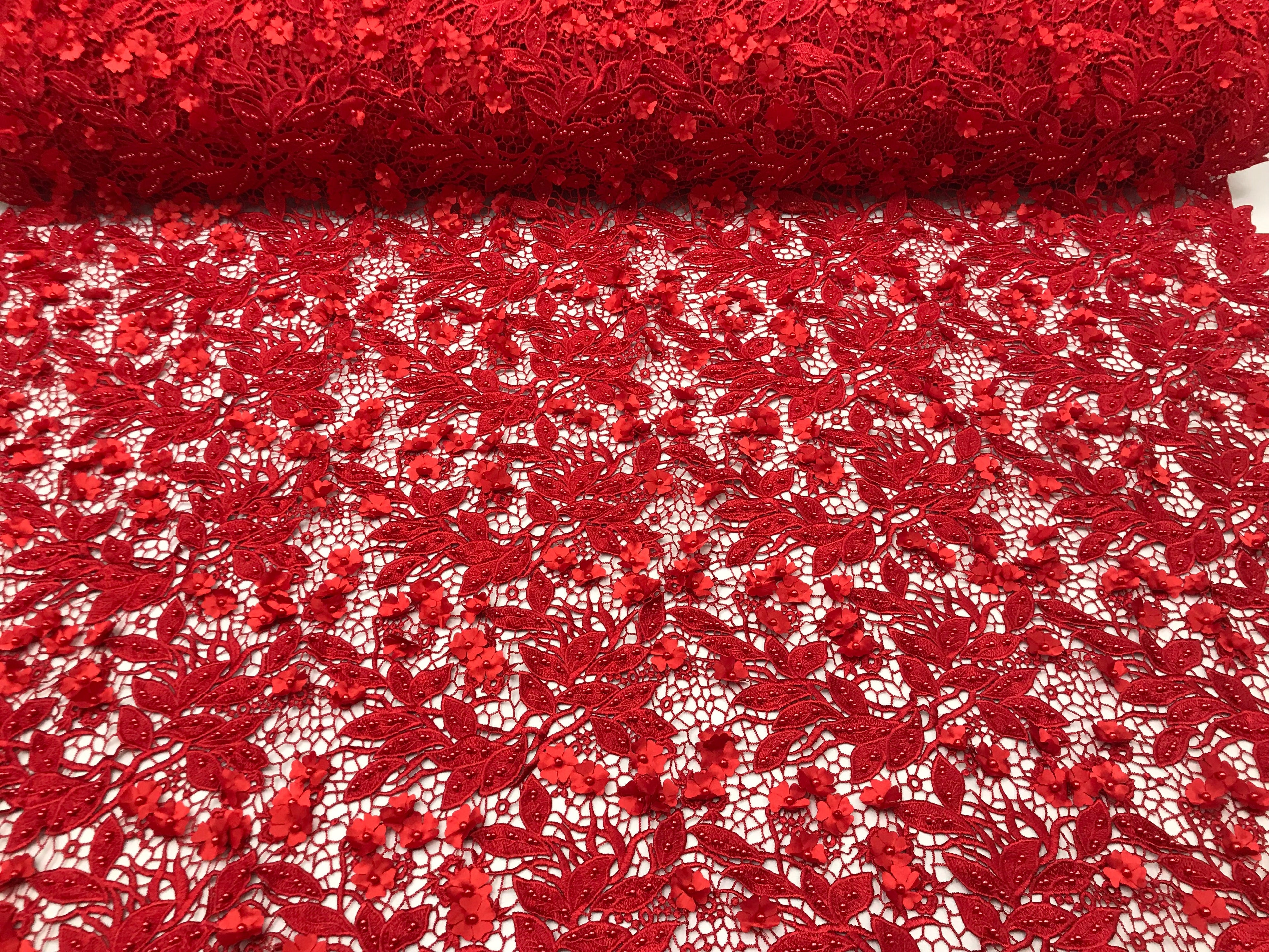 Guipure 3D Lace Fabric - Red - Embroidered 3D Flower with Bead Lace Fabric Sold By The Yard