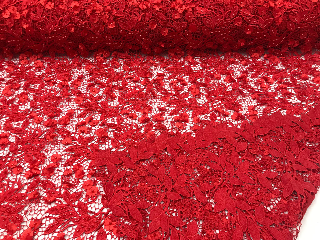 Guipure 3D Lace Fabric - Red - Embroidered 3D Flower with Bead Lace Fabric Sold By The Yard