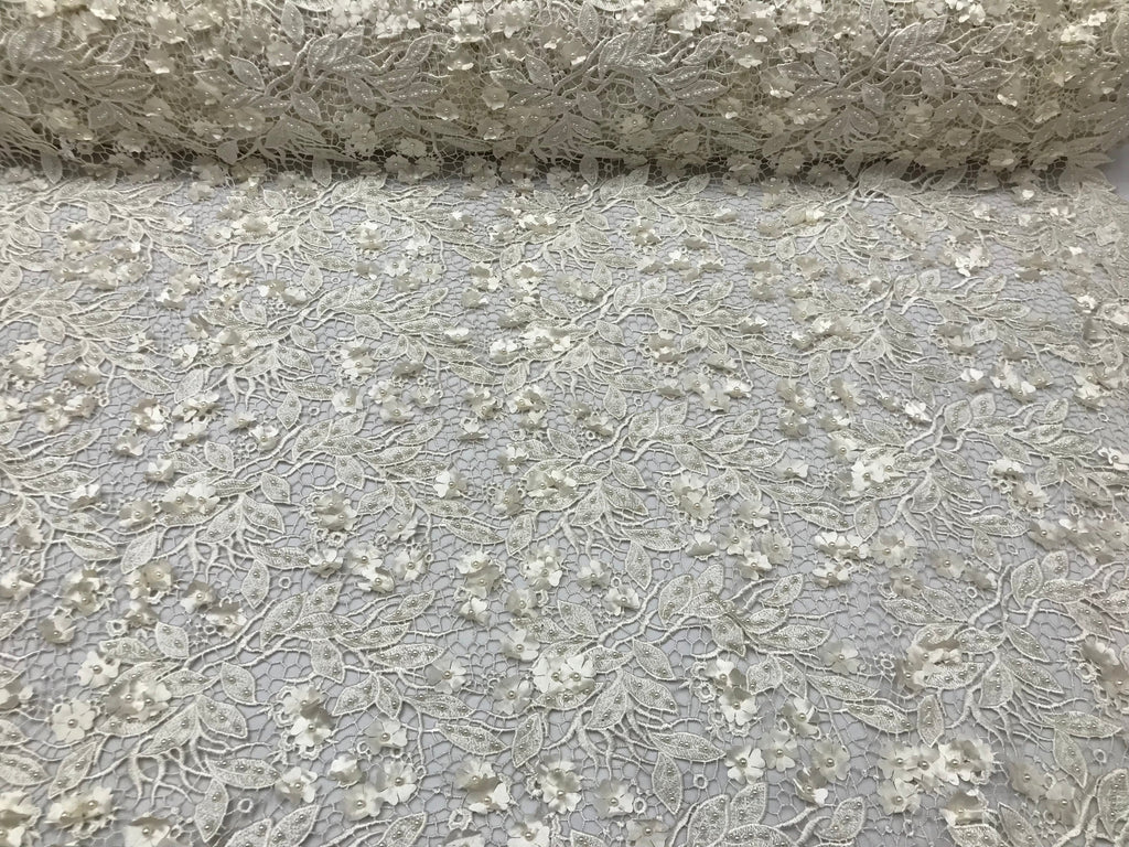 Guipure 3D Lace Fabric - Ivory - Embroidered 3D Flower with Bead Lace Fabric Sold By The Yard