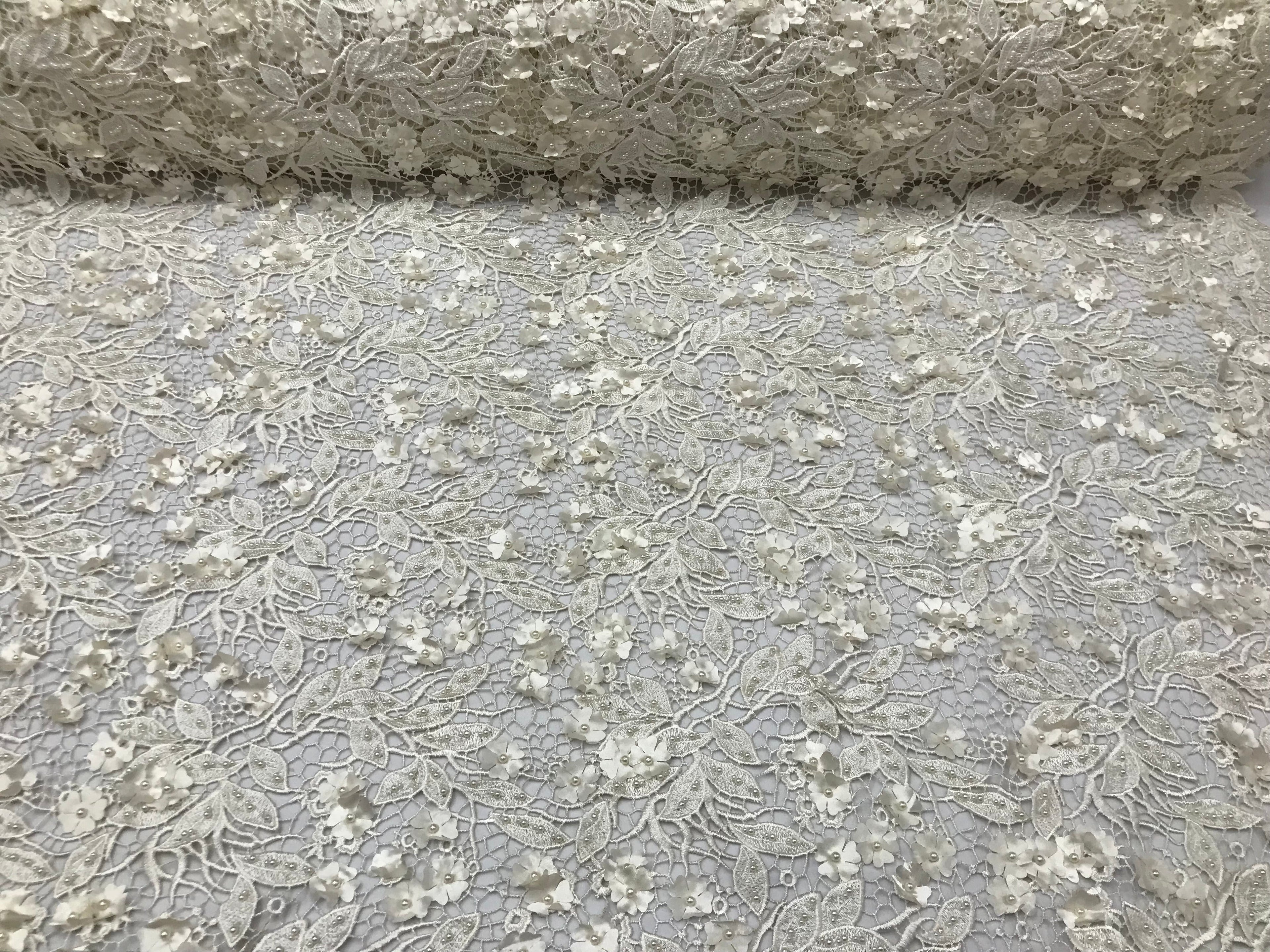 Guipure 3D Lace Fabric - Ivory - Embroidered 3D Flower with Bead Lace Fabric Sold By The Yard