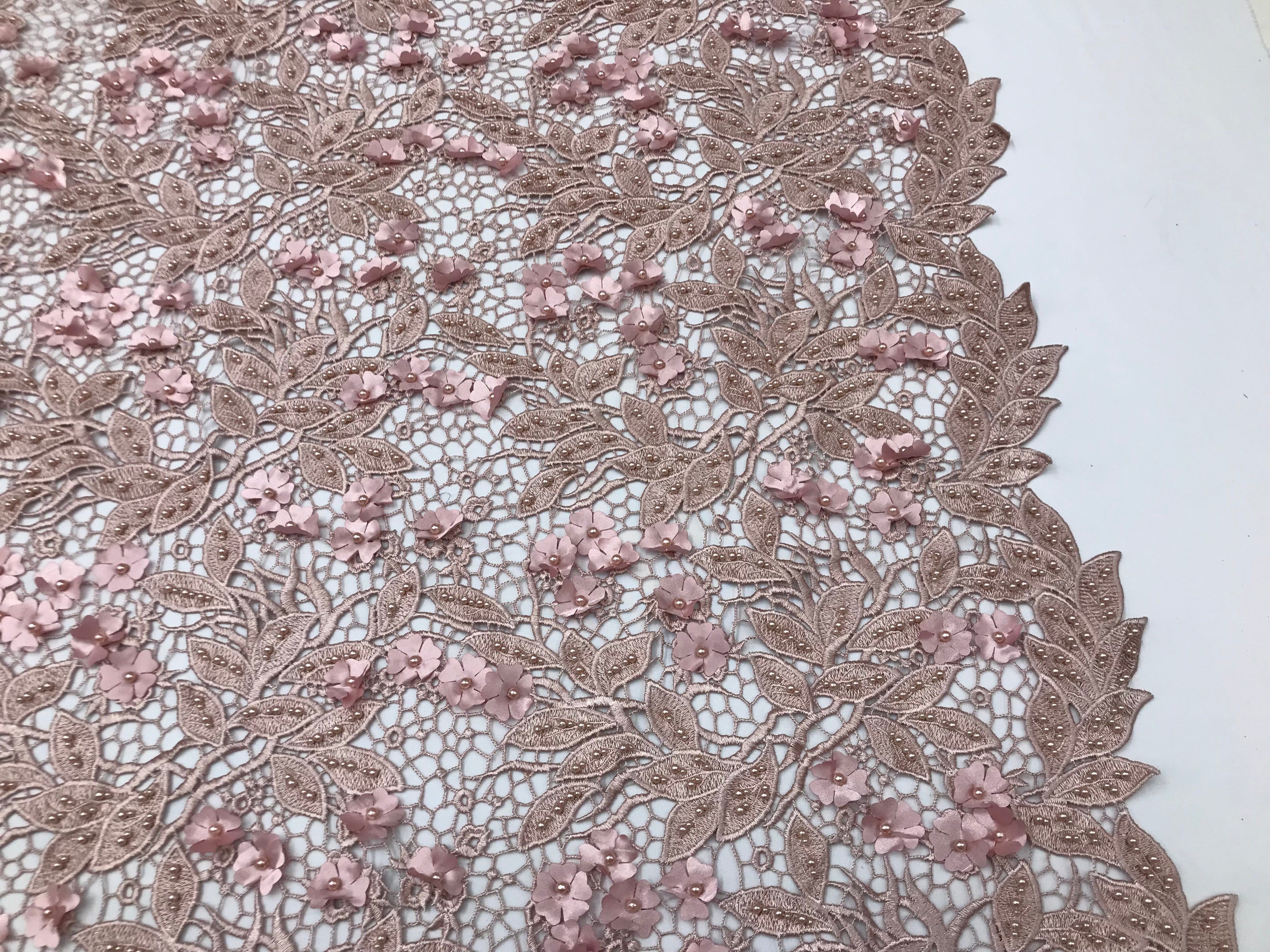 Guipure 3D Lace Fabric - Dusty Rose - Embroidered 3D Flower with Bead Lace Fabric Sold By The Yard