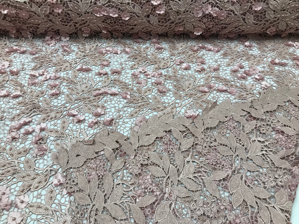 Guipure 3D Lace Fabric - Dusty Rose - Embroidered 3D Flower with Bead Lace Fabric Sold By The Yard