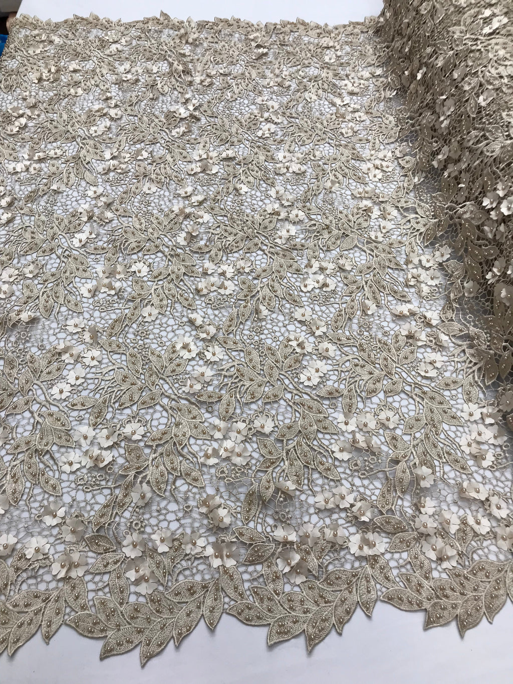 Guipure 3D Lace Fabric - Champagne - Embroidered 3D Flower with Bead Lace Fabric Sold By The Yard