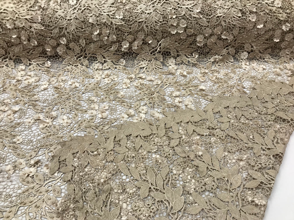 Guipure 3D Lace Fabric - Champagne - Embroidered 3D Flower with Bead Lace Fabric Sold By The Yard