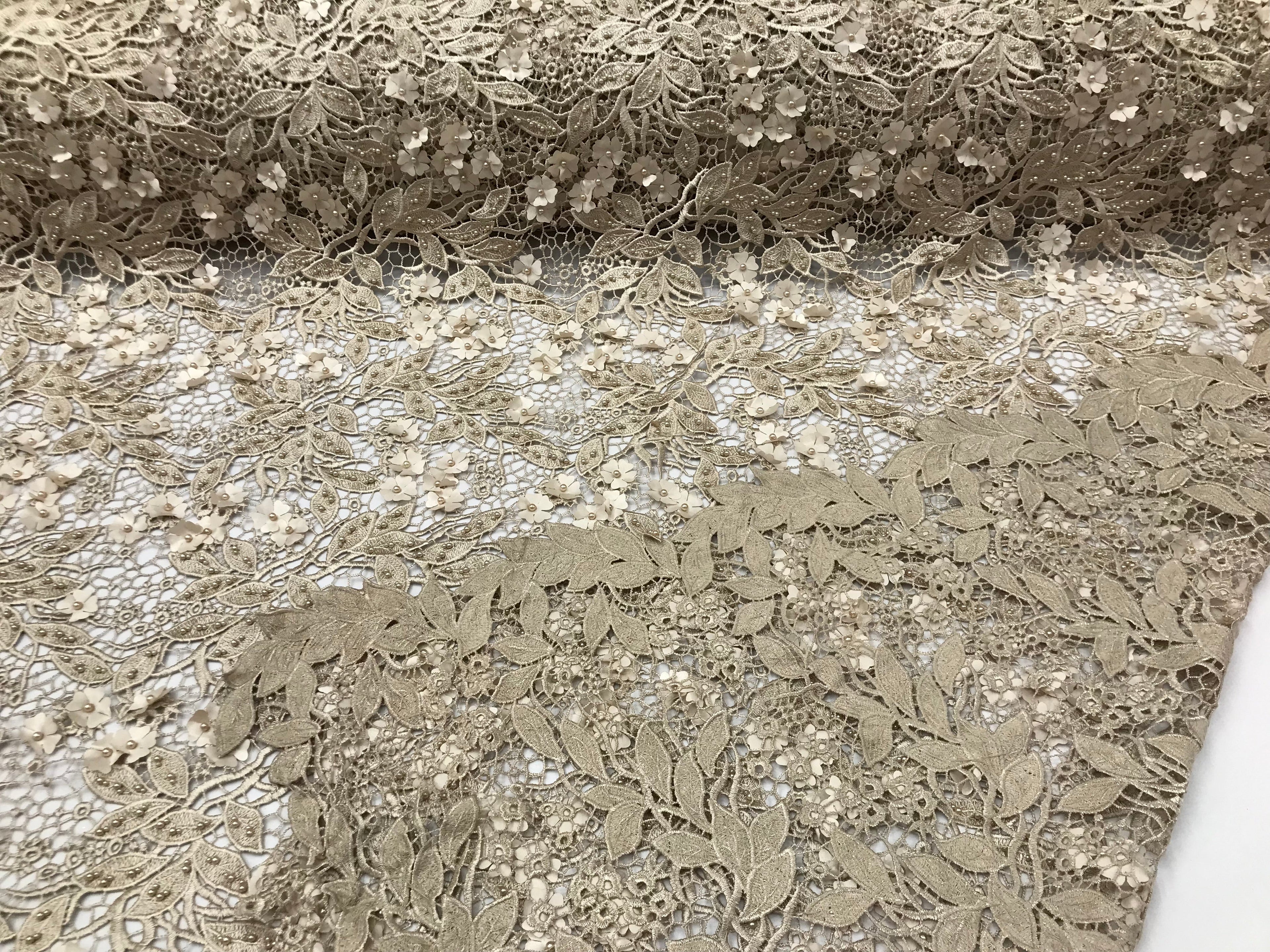 Guipure 3D Lace Fabric - Champagne - Embroidered 3D Flower with Bead Lace Fabric Sold By The Yard