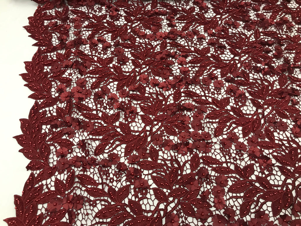 Guipure 3D Lace Fabric - Burgundy - Embroidered 3D Flower with Bead Lace Fabric Sold By The Yard