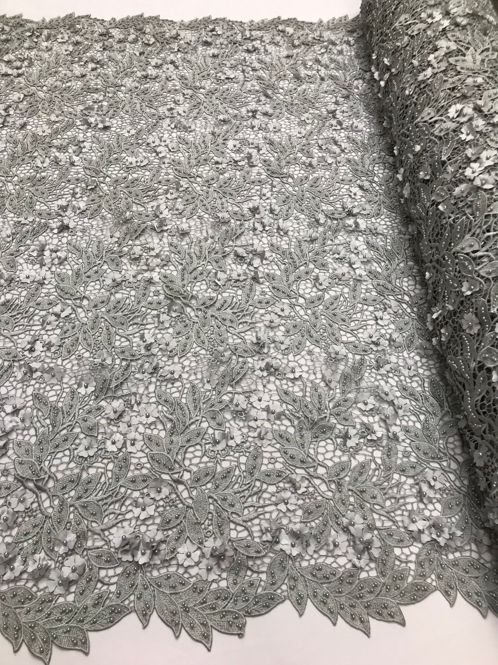 Guipure 3D Lace Fabric - Silver - Embroidered 3D Flower with Bead Lace Fabric Sold By The Yard
