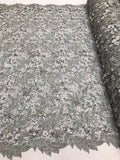 Guipure 3D Lace Fabric - Silver - Embroidered 3D Flower with Bead Lace Fabric Sold By The Yard