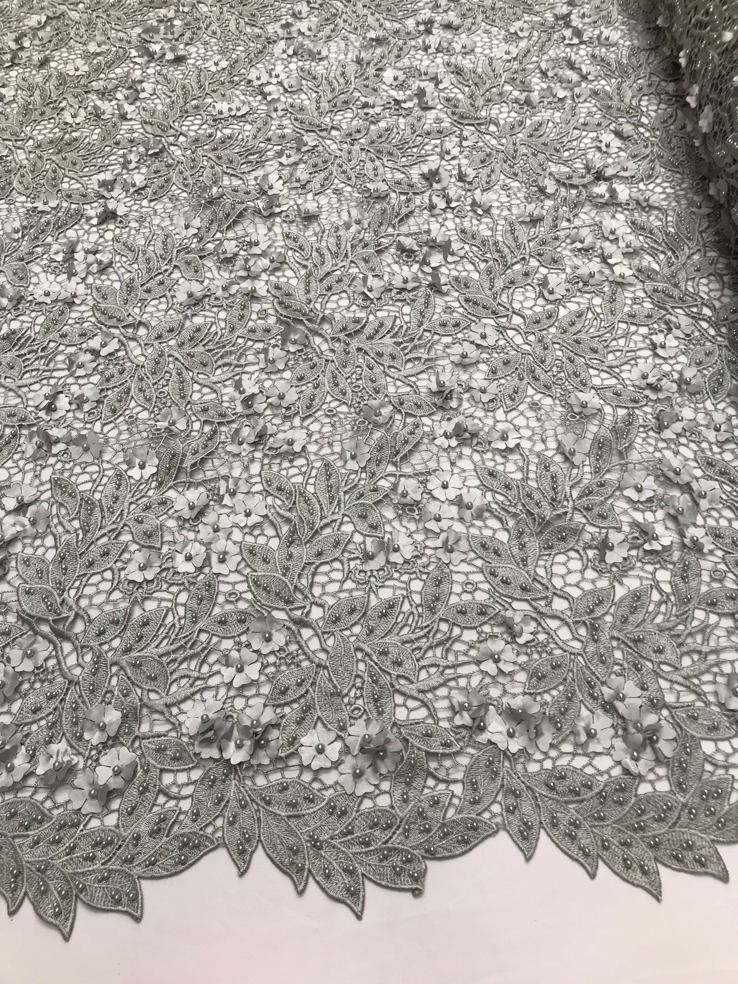Guipure 3D Lace Fabric - Silver - Embroidered 3D Flower with Bead Lace Fabric Sold By The Yard