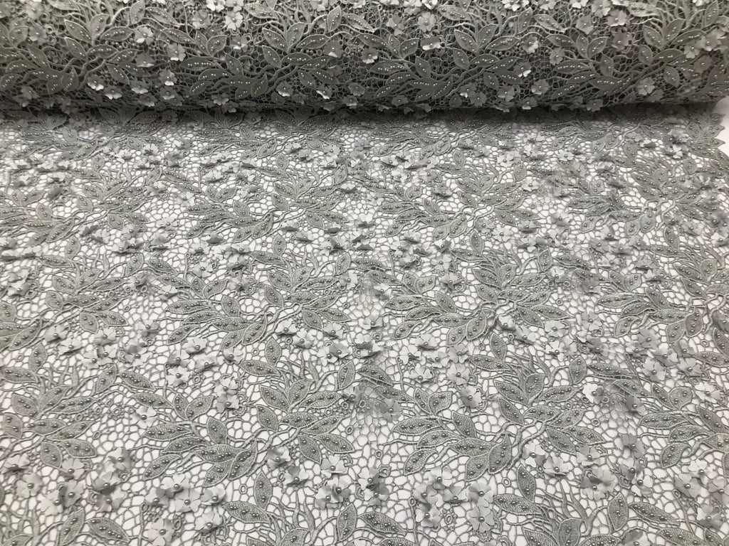Guipure 3D Lace Fabric - Silver - Embroidered 3D Flower with Bead Lace Fabric Sold By The Yard