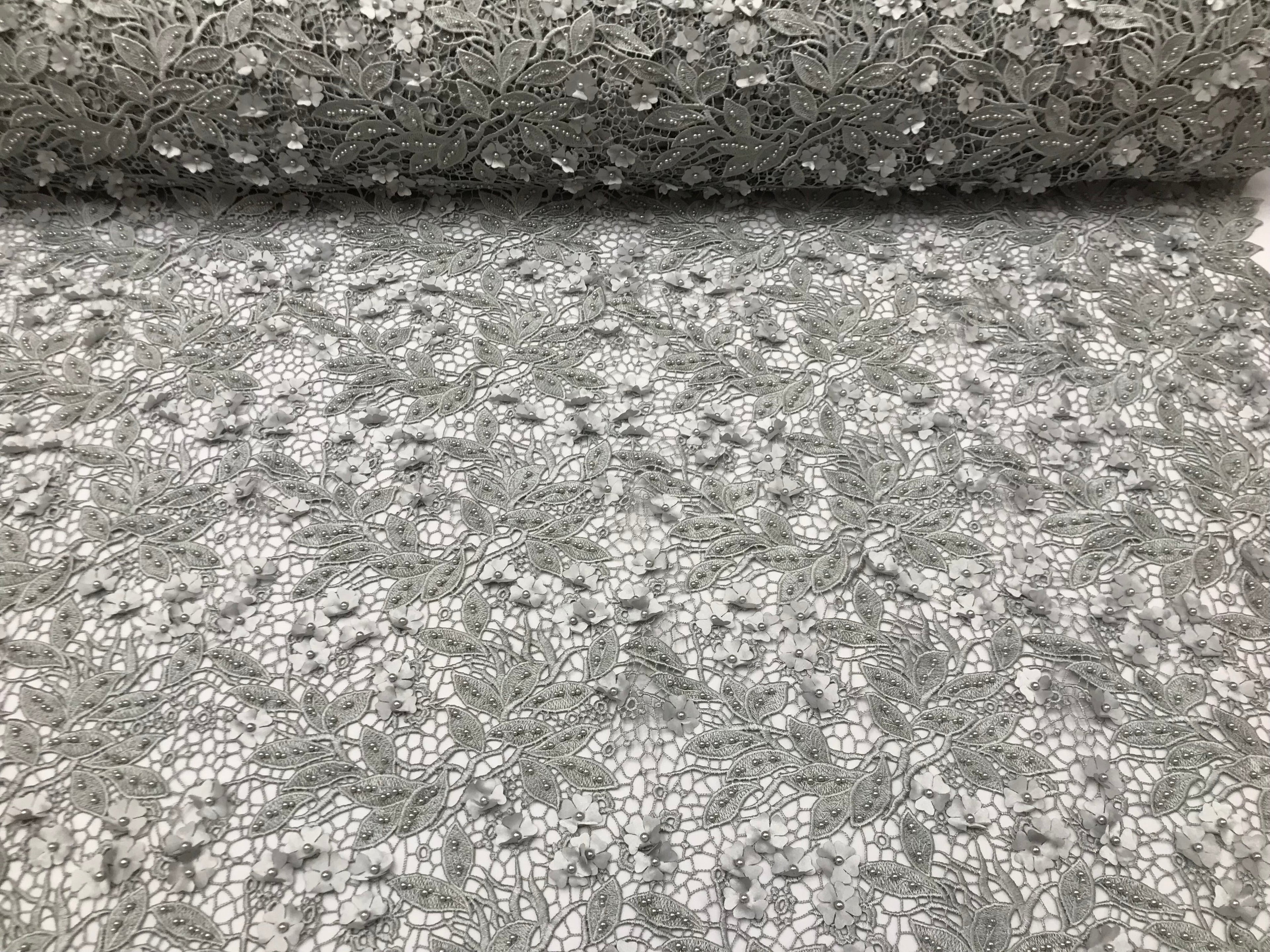 Guipure 3D Lace Fabric - Silver - Embroidered 3D Flower with Bead Lace Fabric Sold By The Yard