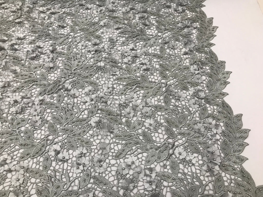 Guipure 3D Lace Fabric - Silver - Embroidered 3D Flower with Bead Lace Fabric Sold By The Yard