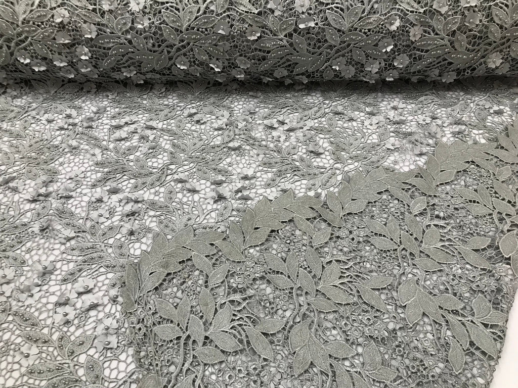 Guipure 3D Lace Fabric - Silver - Embroidered 3D Flower with Bead Lace Fabric Sold By The Yard