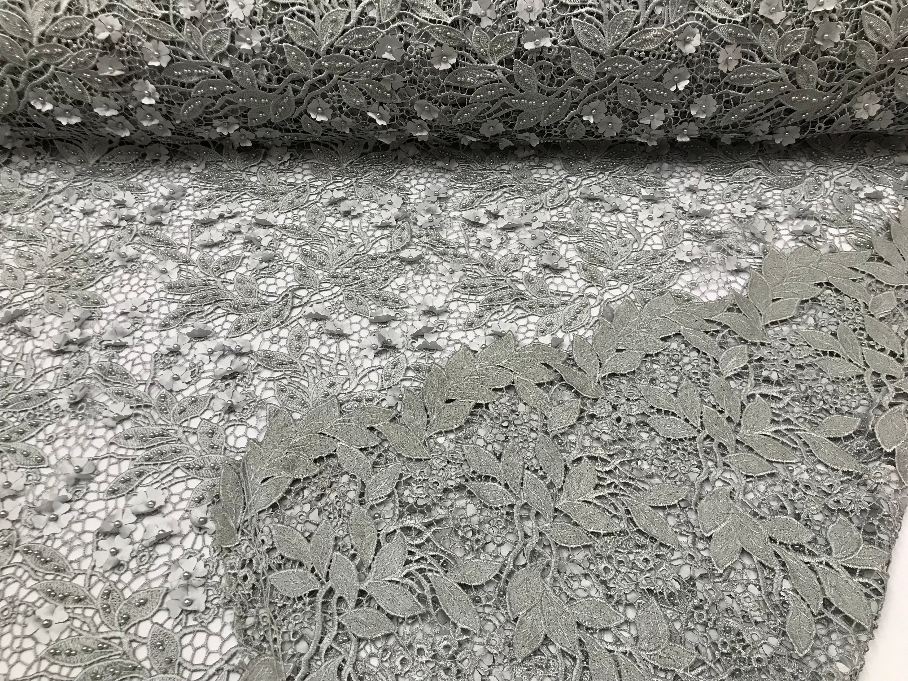 Guipure 3D Lace Fabric - Silver - Embroidered 3D Flower with Bead Lace Fabric Sold By The Yard