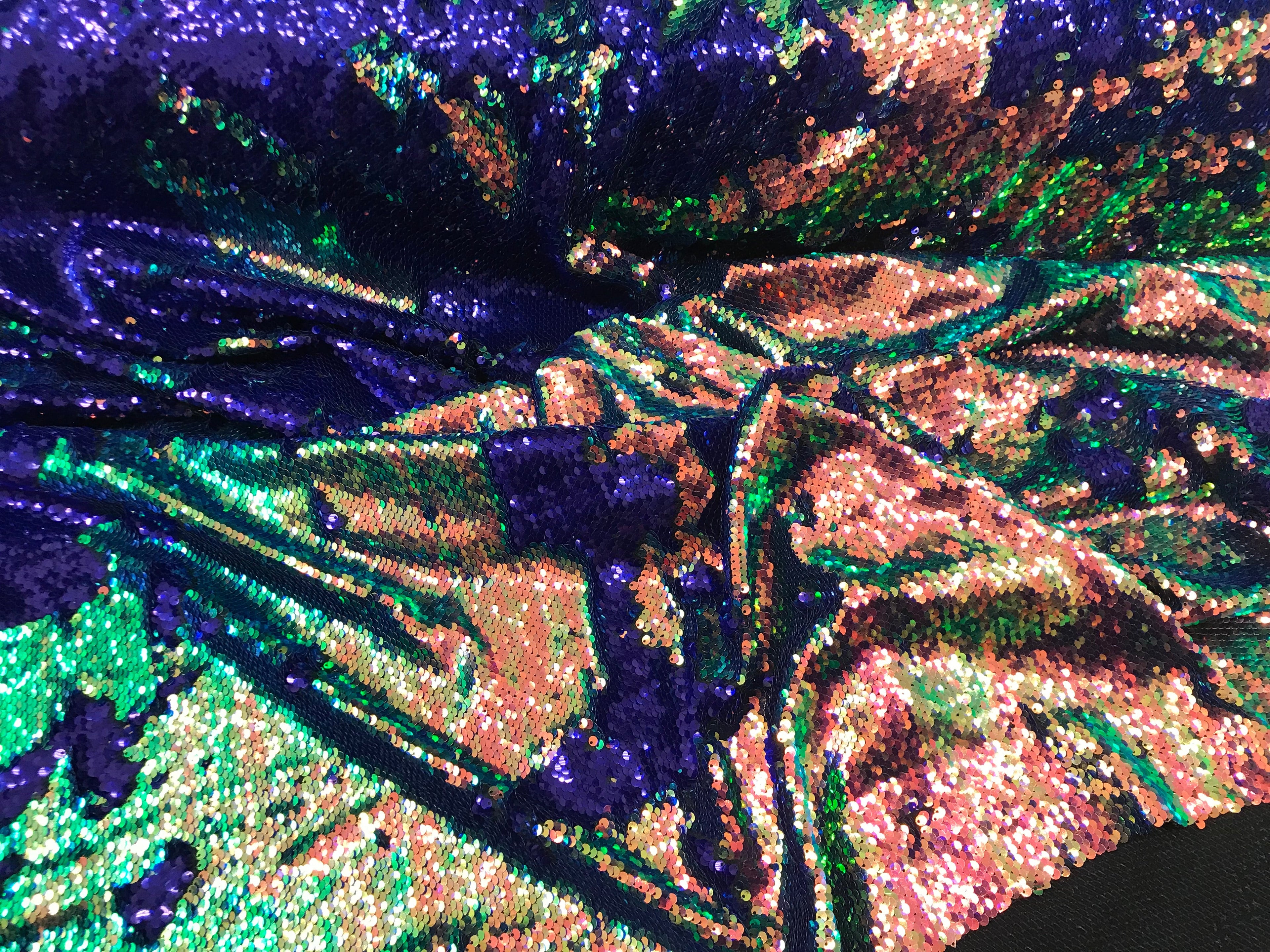 Two Tone Reversible - Rainbow - 2 Way Stretch Iridescent Shiny Sequins Fabric By The Yard