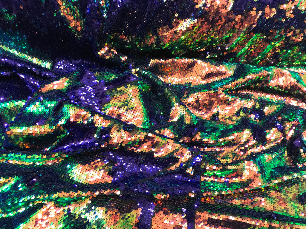 Two Tone Reversible - Rainbow - 2 Way Stretch Iridescent Shiny Sequins Fabric By The Yard
