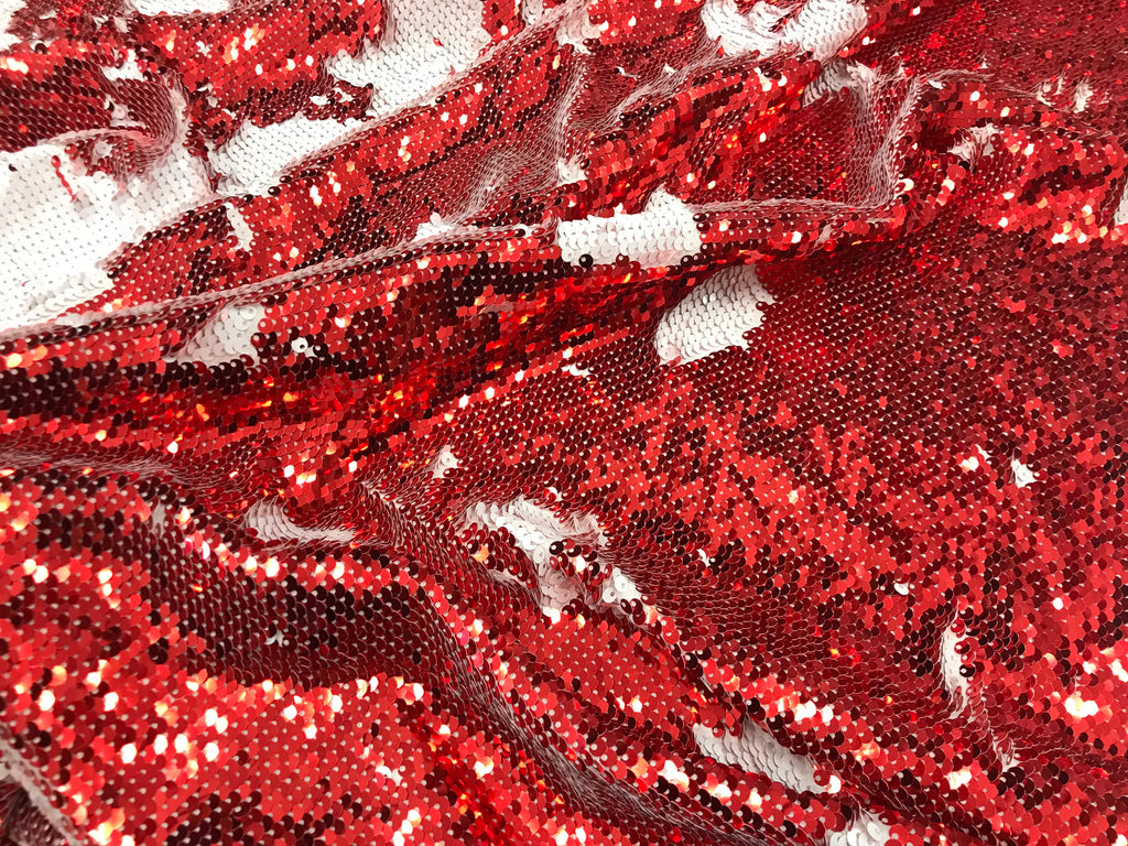 Two Tone Reversible - Red / White - 2 Way Stretch Iridescent Shiny Sequins Fabric By The Yard