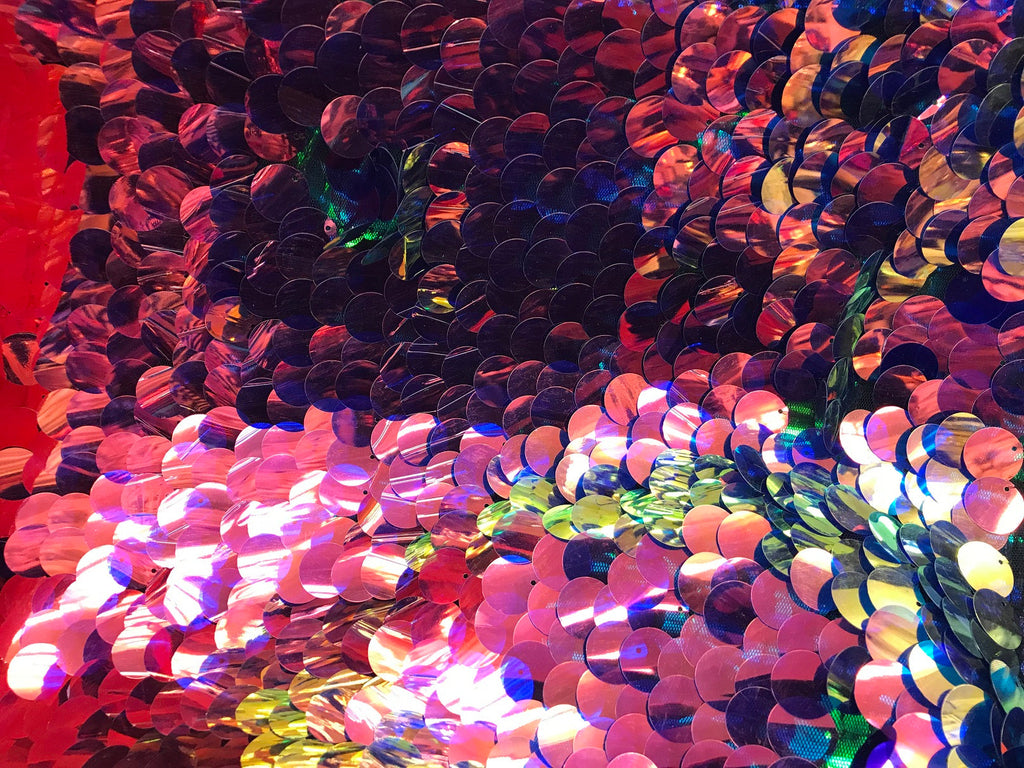 Iridescent - Pink/Blue - Circle Sequins Hologram Fabric - Multi-Color Fabric Sold By The Yard