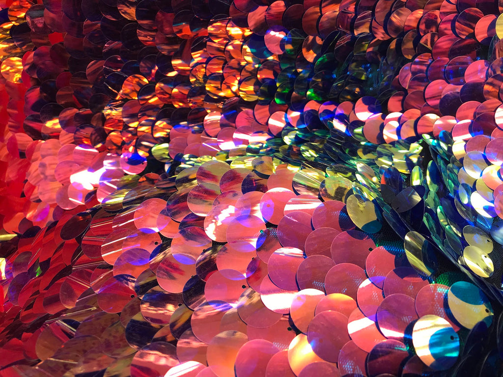 Iridescent - Pink/Blue - Circle Sequins Hologram Fabric - Multi-Color Fabric Sold By The Yard