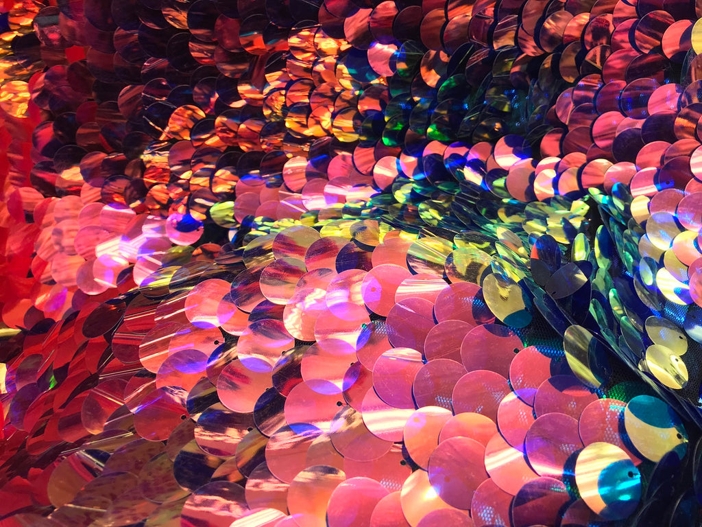 Iridescent - Pink/Blue - Circle Sequins Hologram Fabric - Multi-Color Fabric Sold By The Yard