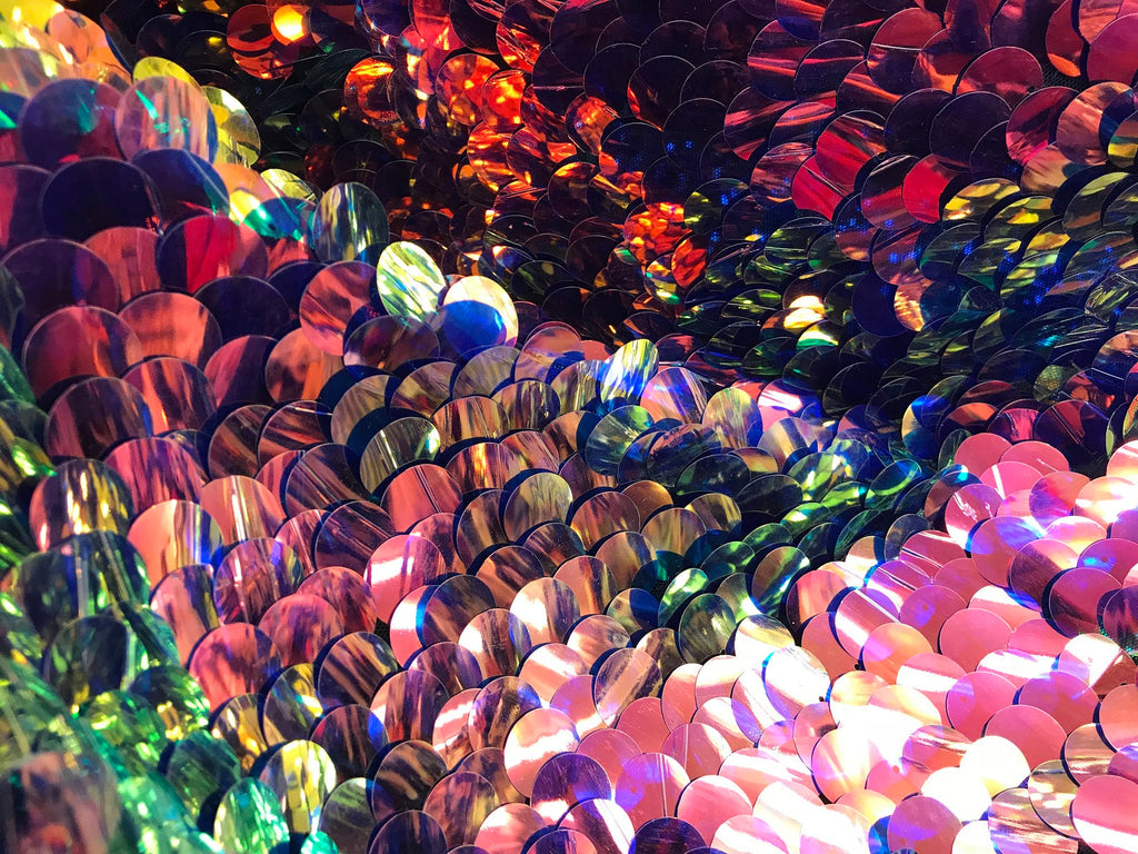 Iridescent - Pink/Blue - Circle Sequins Hologram Fabric - Multi-Color Fabric Sold By The Yard